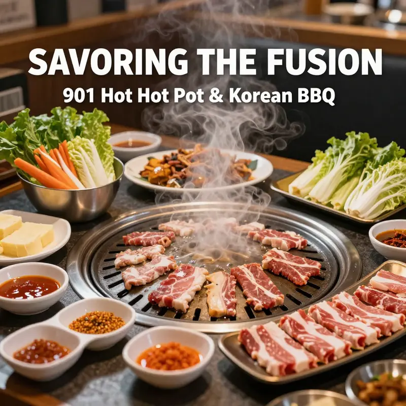 A vibrant dining experience featuring a variety of ingredients ready for hot pot and BBQ cooking.