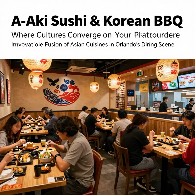 A wide-angle image of A-Aki Sushi & Korean BBQ bustling with diners enjoying fusion cuisine.