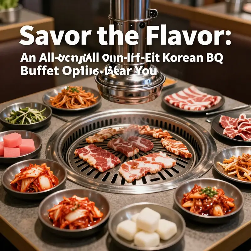 A captivating array of grilled meats and traditional sides at a Korean BBQ buffet.