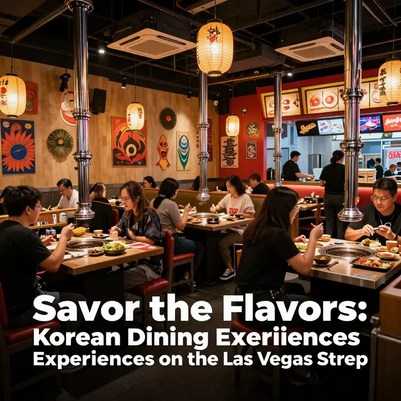 Diners relishing traditional Korean BBQ in a lively Las Vegas setting.