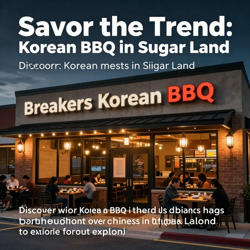 An exterior shot of Breakers Korean BBQ, featuring a warm and inviting entrance with illuminated signage.