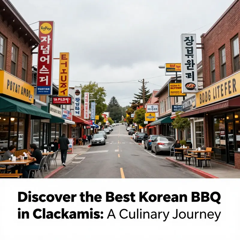 A picturesque street in Clackamas County with multiple Korean BBQ restaurants, highlighting the area's business diversity.