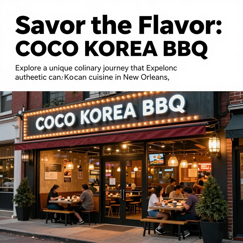 The exterior of COCO KOREA BBQ highlighted at night, showcasing a vibrant atmosphere and inviting entrance.