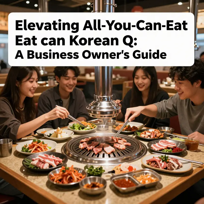 A lively scene of diners enjoying all-you-can-eat Korean BBQ, showcasing grilled meats and side dishes.