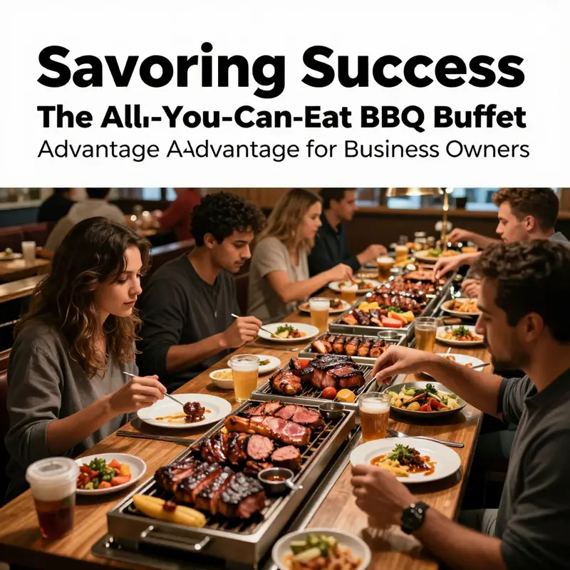 A lively BBQ buffet scene with groups enjoying assorted meats and sides, highlighting the social aspect of dining.