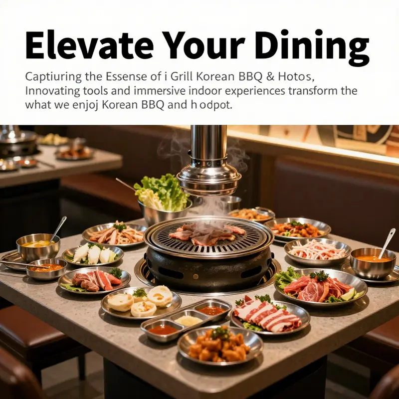 A warm dining scene showcasing an i Grill with delicious Korean BBQ and hotpot dishes attracting diners.
