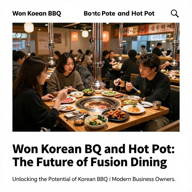 A vibrant restaurant scene highlighting a fusion of Korean BBQ and Hot Pot dining, filled with guests enjoying their meals.