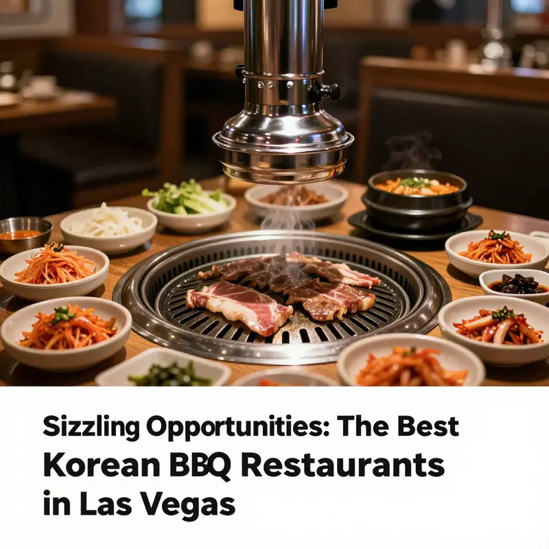 A Korean BBQ table set up with marinated meat on a grill and an array of colorful side dishes, inviting a culinary journey.