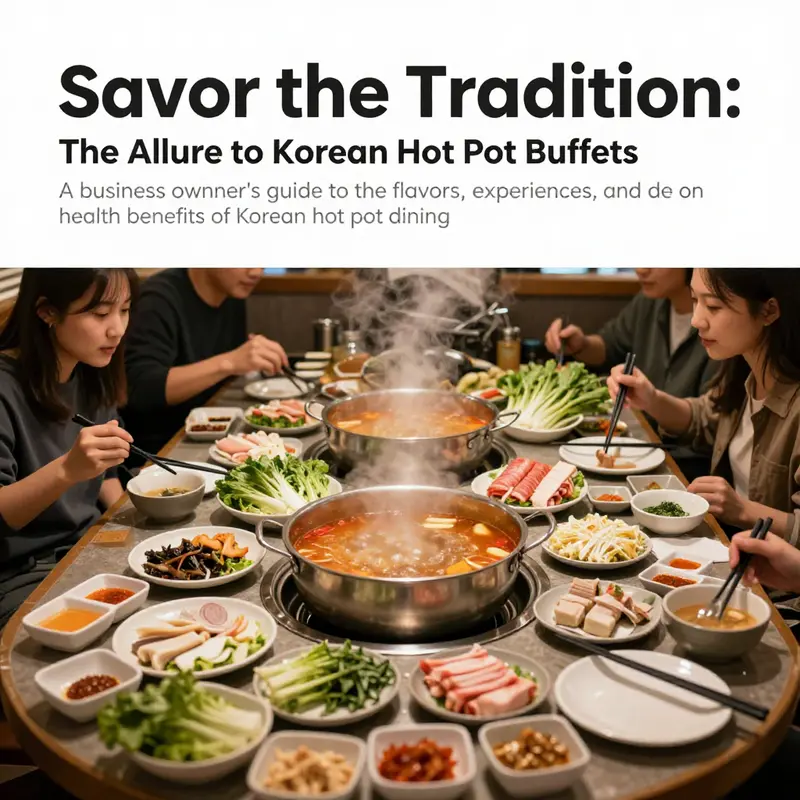 A lively Korean hot pot buffet scene filled with fresh ingredients and happy diners enjoying the communal dining experience.
