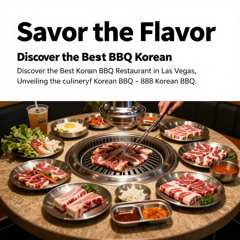 A lively dining setup at 888 Korean BBQ featuring assorted grilled meats and traditional side dishes.