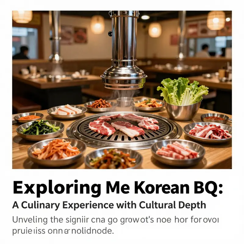 A Korean BBQ grill filled with marinated meats and assorted banchan displayed in an inviting restaurant setting.