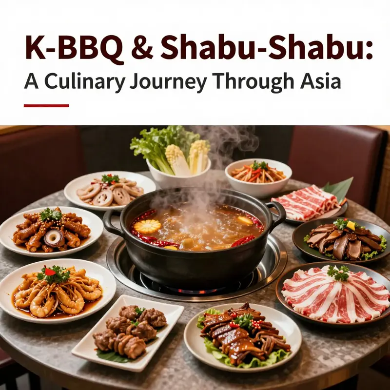 A beautifully arranged table showcasing K-BBQ and Shabu-Shabu dishes, representing the vibrant cultures of both cuisines.