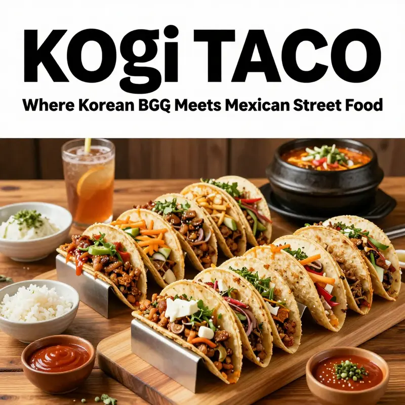 An assortment of Kogi Tacos on a wooden table surrounded by fresh ingredients, showcasing the fusion of Korean and Mexican flavors.