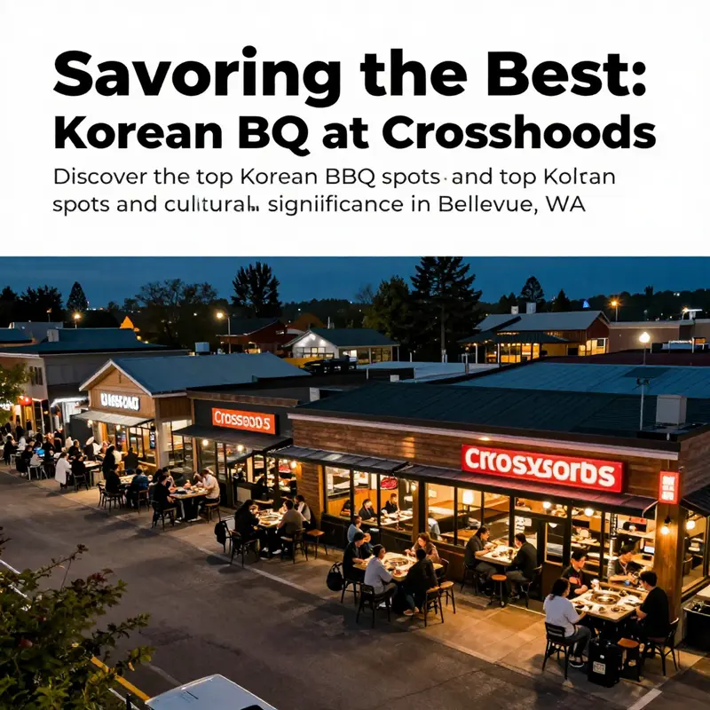 A bustling Crossroads area at night showcasing various Korean BBQ restaurants filled with patrons, representing a lively dining community.