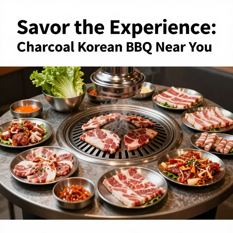 A vibrant scene of a charcoal Korean BBQ restaurant, highlighting the interactive dining experience.