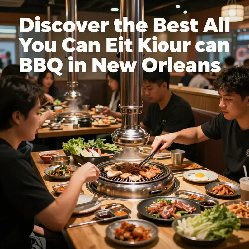 A diverse selection of meats and sides at an all-you-can-eat Korean BBQ table in New Orleans.