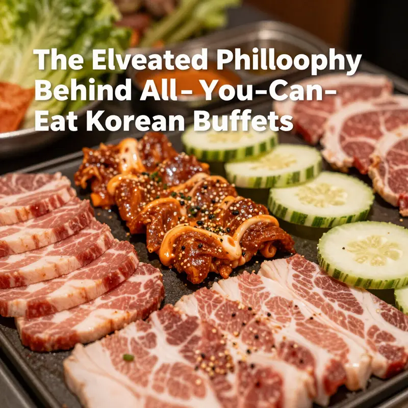 An expansive layout of an all-you-can-eat Korean buffet showcasing a variety of dishes.