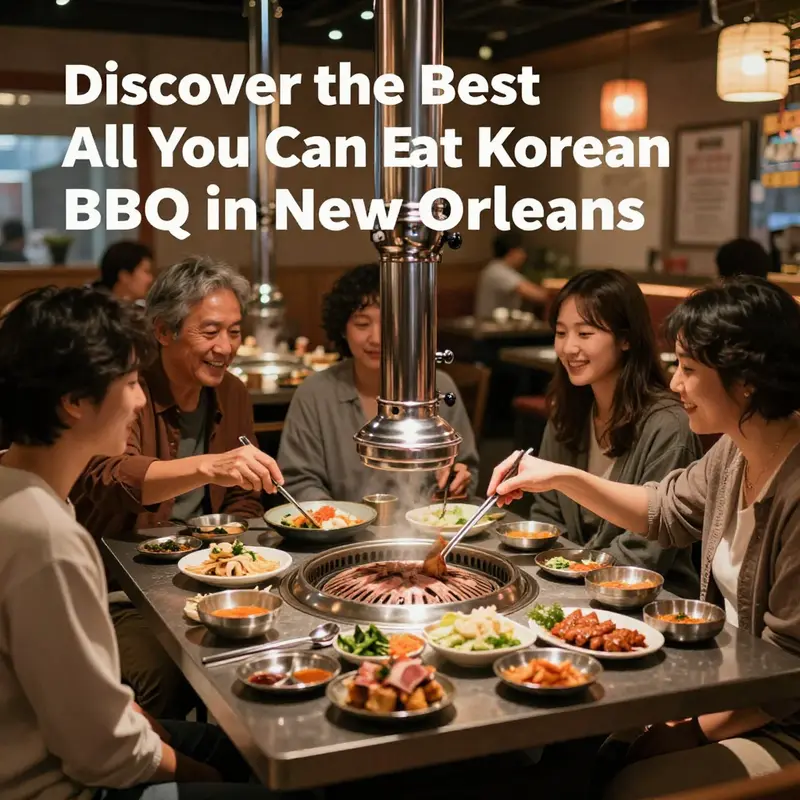 A diverse selection of meats and sides at an all-you-can-eat Korean BBQ table in New Orleans.