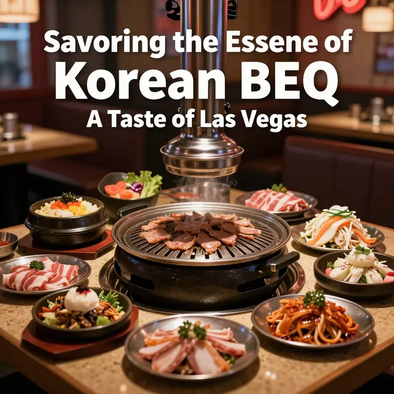 Diners enjoying the interactive experience of grilling Korean BBQ at a lively Las Vegas restaurant.