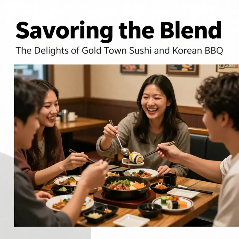The vibrant interior of Gold Town, showcasing an array of sushi and Korean BBQ dishes.