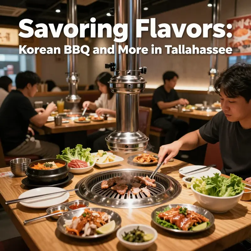 A bustling Korean BBQ restaurant scene in Tallahassee, showcasing the local dining culture.