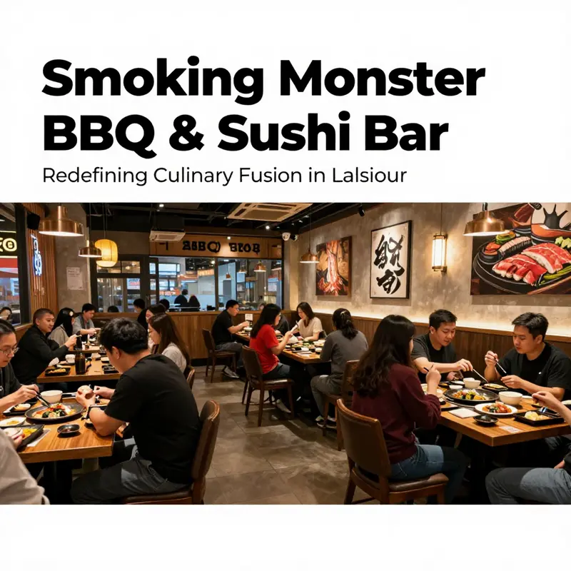 A colorful array of sushi rolls and grilled BBQ meats highlighting the restaurant’s innovative fusion concept.