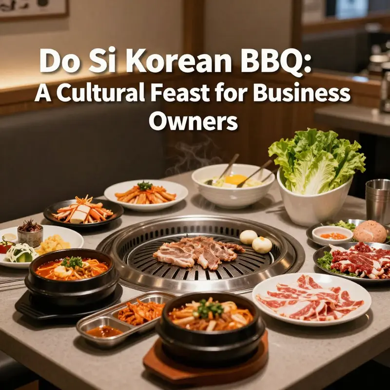 A table beautifully set for Korean BBQ, showcasing a variety of meats and side dishes in a welcoming dining atmosphere.