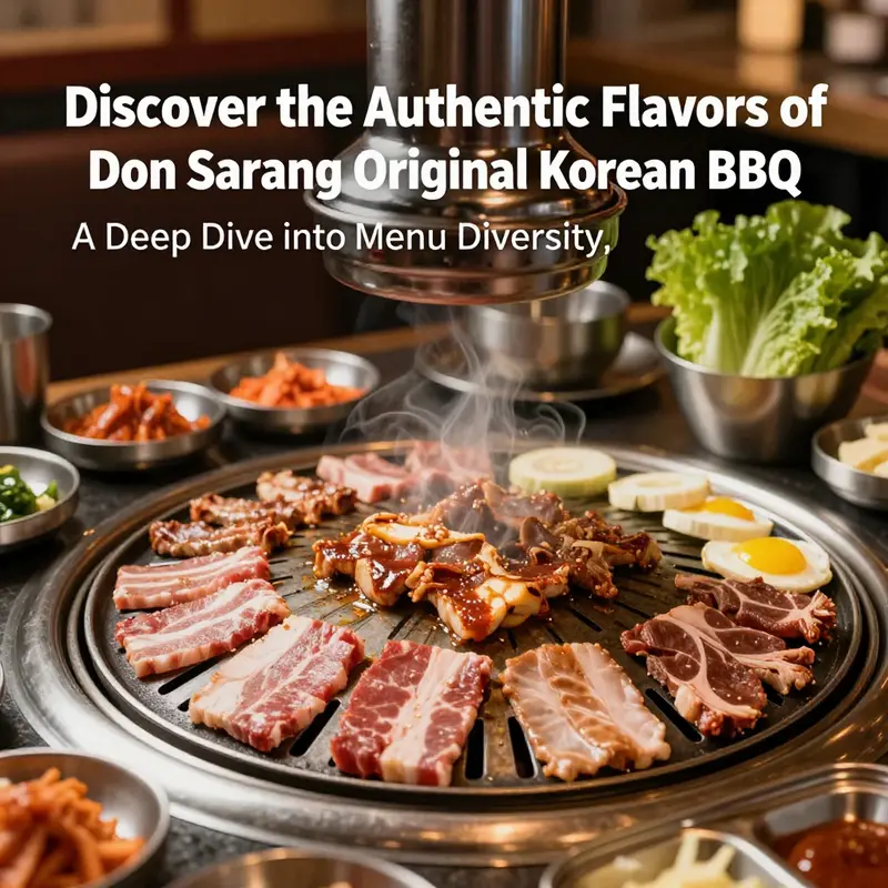 An inviting barbecue grill filled with Korean meats and sides, representing Don Sarang Original Korean BBQ's authentic flavors.