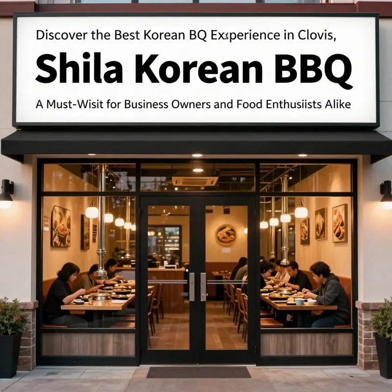 The exterior of Shila Korean BBQ in Clovis, CA, showing its welcoming entrance.