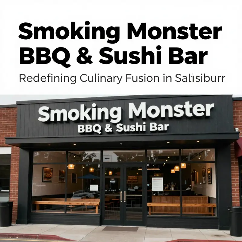 The modern facade of Smoking Monster BBQ & Sushi Bar, designed to attract diners with its inviting presentation.