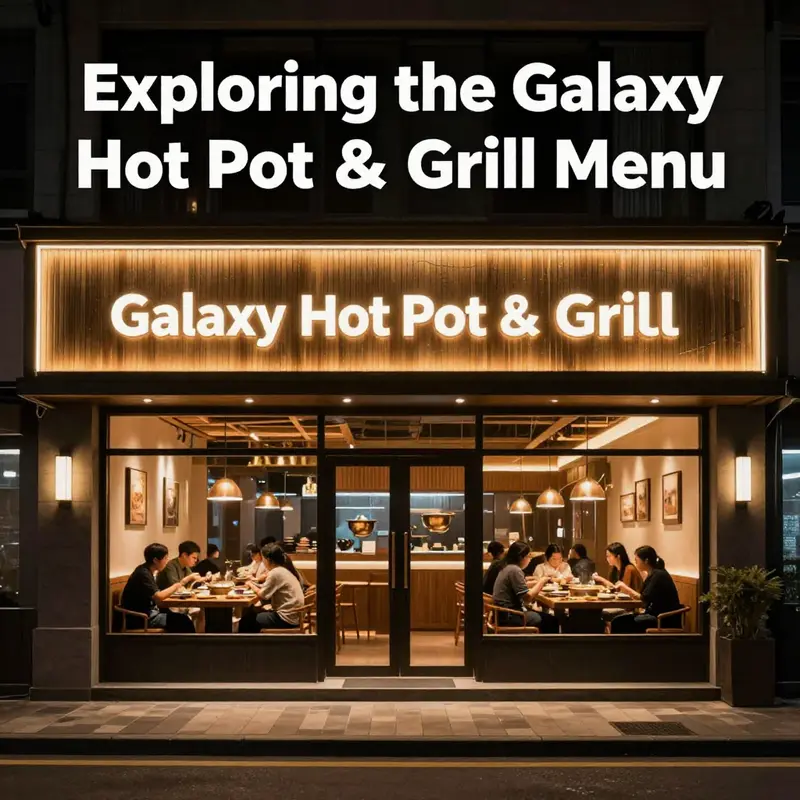 The exterior of Galaxy Hot Pot and Grill with outdoor seating, warmly lit at night.