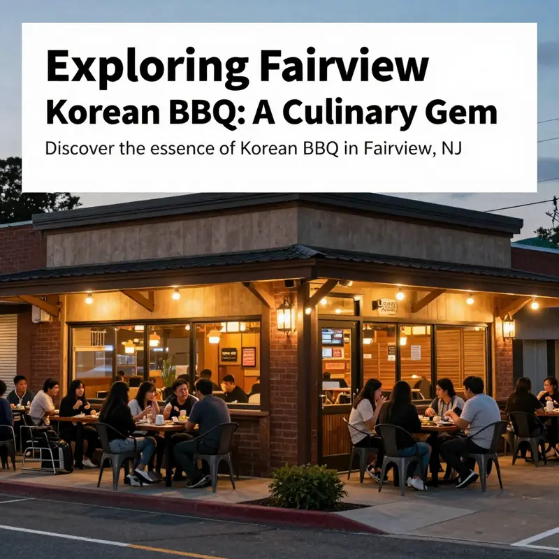 Exterior view of a Korean BBQ restaurant in Fairview at dusk, with bright lights and diners outside.