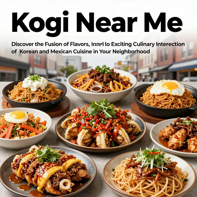 A variety of Kogi dishes beautifully presented, representing the fusion of Korean and Mexican cuisine.