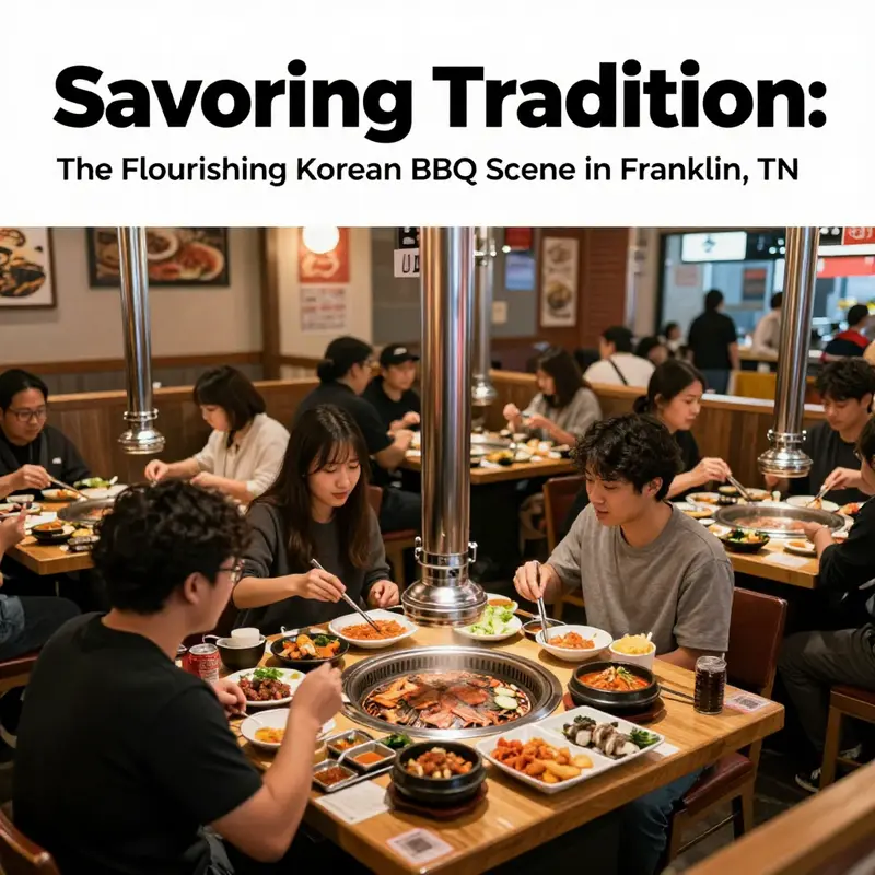 A bustling interior of a Korean BBQ restaurant, showcasing diners enjoying their meals in a warm and inviting environment.