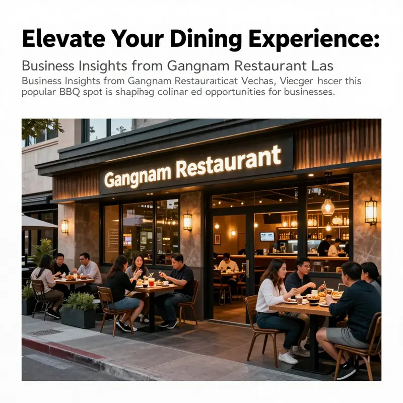 The modern facade of Gangnam Restaurant in Las Vegas, bustling with diners enjoying their meals.