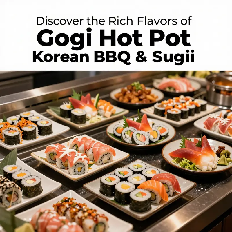 A feast of Korean BBQ and hot pot ingredients, showcasing the restaurant’s culinary offerings.