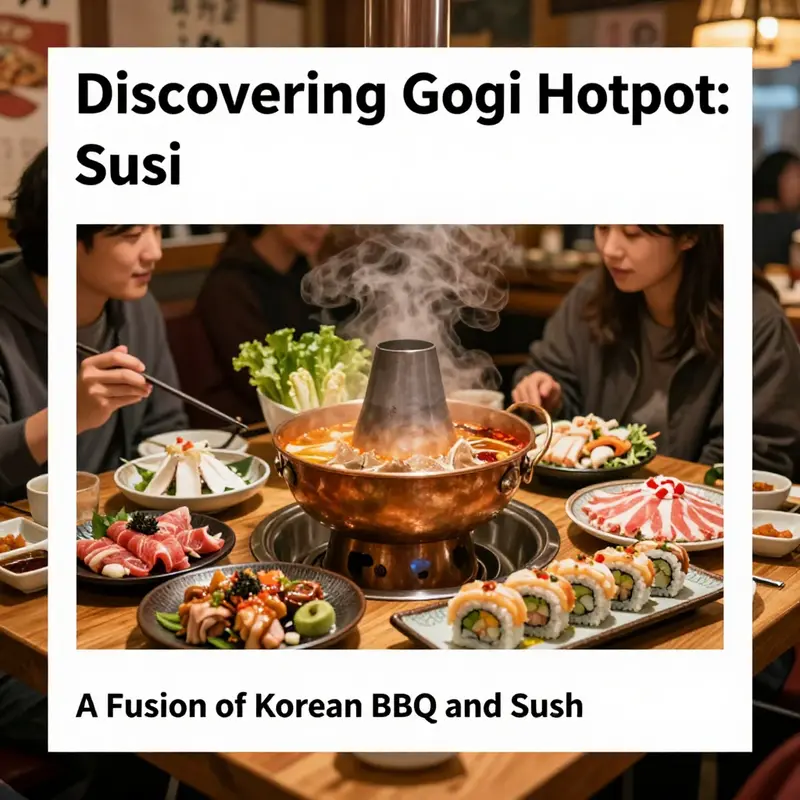 A bustling Gogi Hotpot restaurant with guests enjoying Korean BBQ and sushi in a warm, inviting setting.