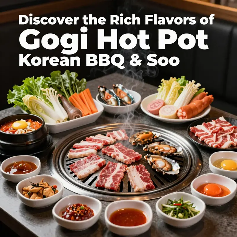 A feast of Korean BBQ and hot pot ingredients, showcasing the restaurant’s culinary offerings.