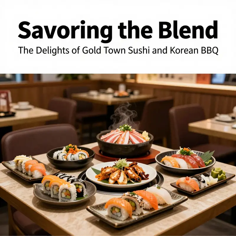 The vibrant interior of Gold Town, showcasing an array of sushi and Korean BBQ dishes.