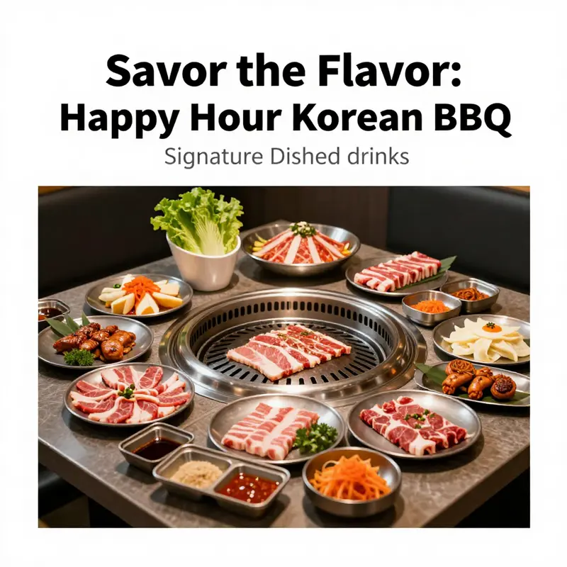 A lively scene at a Korean BBQ restaurant during happy hour, highlighting the exciting offers.