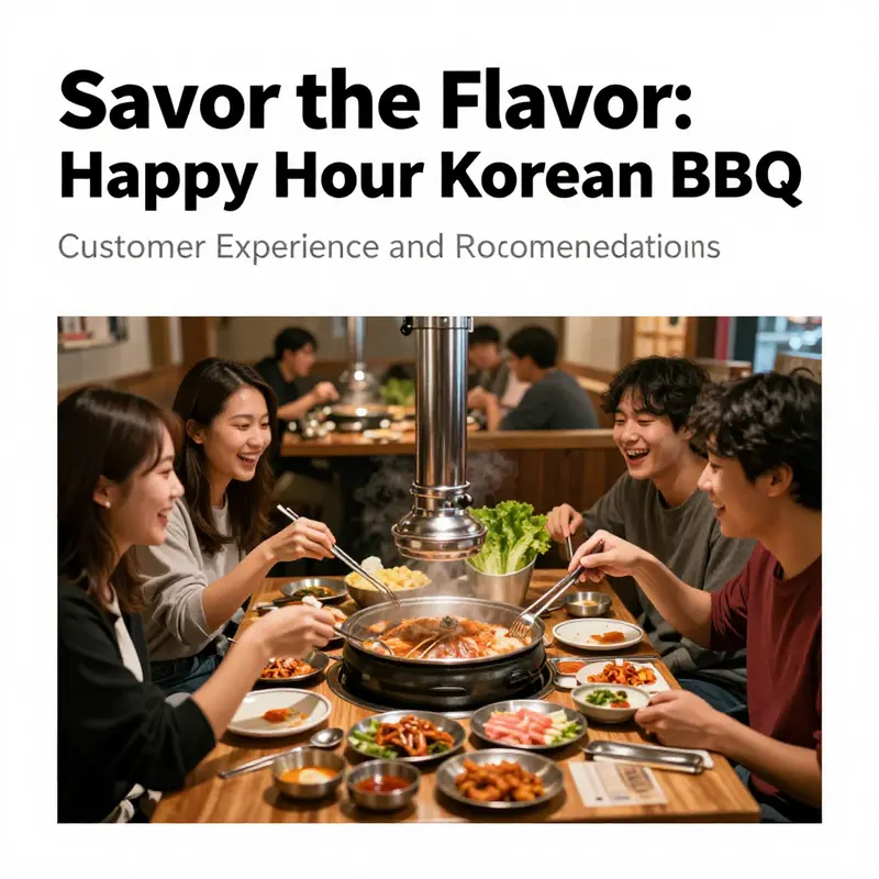 A lively scene at a Korean BBQ restaurant during happy hour, highlighting the exciting offers.