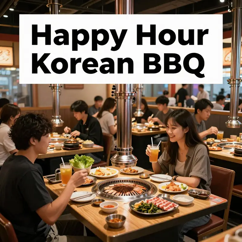 A lively scene at a Korean BBQ restaurant during happy hour, highlighting the exciting offers.