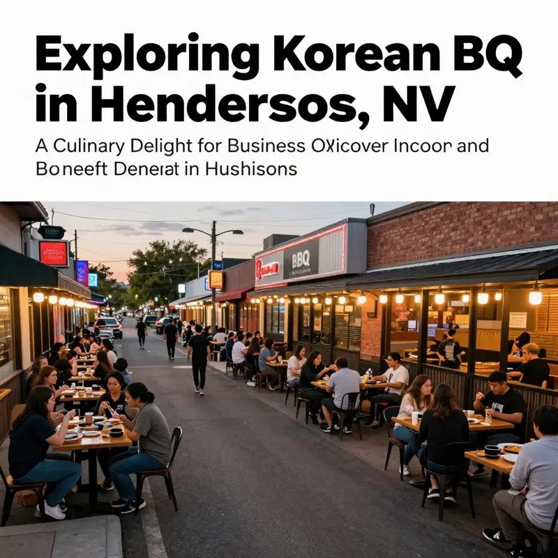 A lively street in Henderson showcasing various Korean BBQ restaurants filled with diners enjoying their meals.
