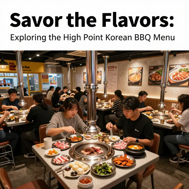 A bustling Korean BBQ restaurant scene with diners cooking at tables.