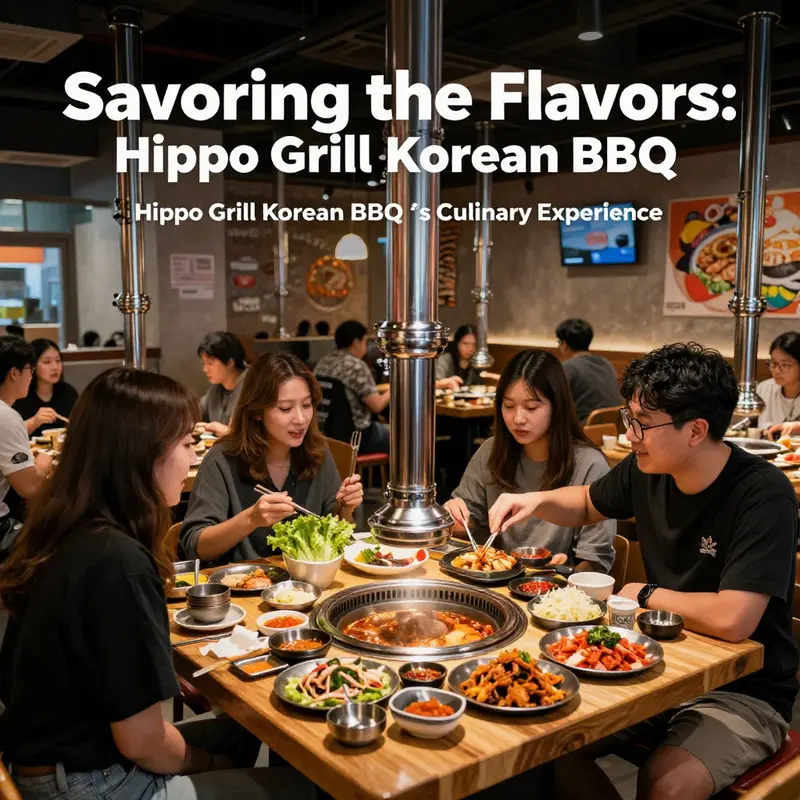 Stylish interior of Hippo Grill, featuring modern decor and customers enjoying Korean BBQ.
