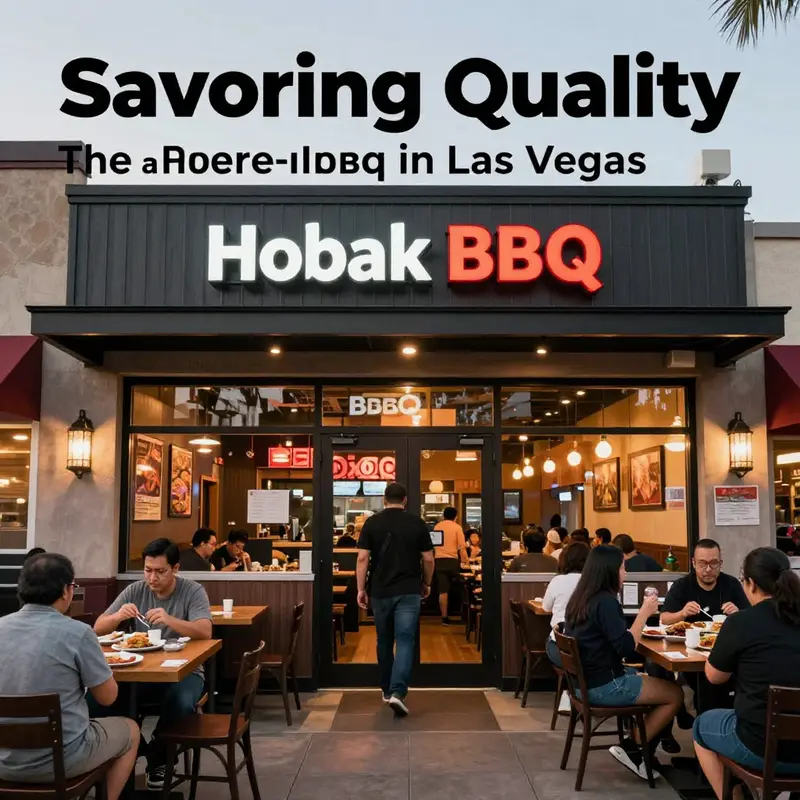 Exterior view of Hobak BBQ Las Vegas, showcasing a busy entrance and modern architecture.