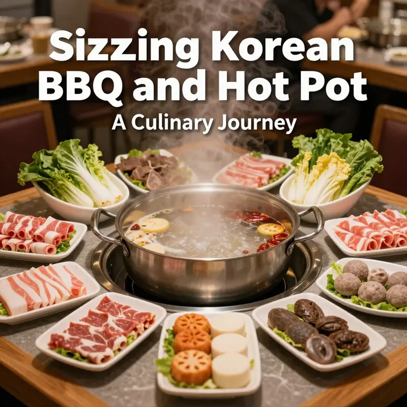 An inviting Korean BBQ setup featuring a variety of marinated meats and vibrant side dishes ready for grilling.