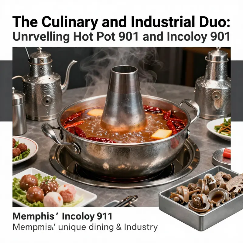 A composite image merging the colors and textures of a hot pot dining experience with metallic elements representing Incoloy 901.