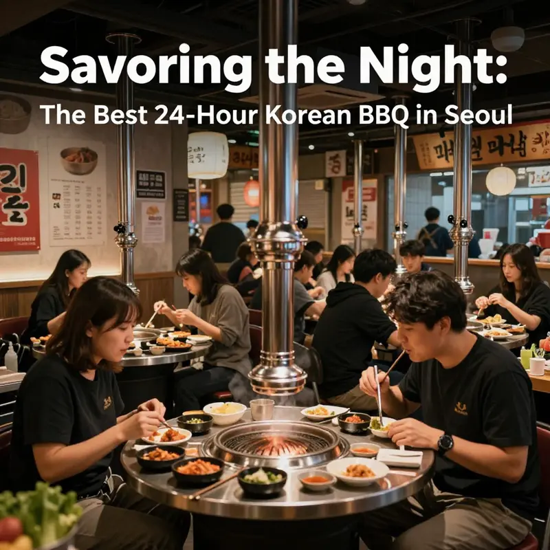 Din diners relishing Korean BBQ at Idaejo Bbyeodagui, capturing the excitement of a late-night culinary experience.