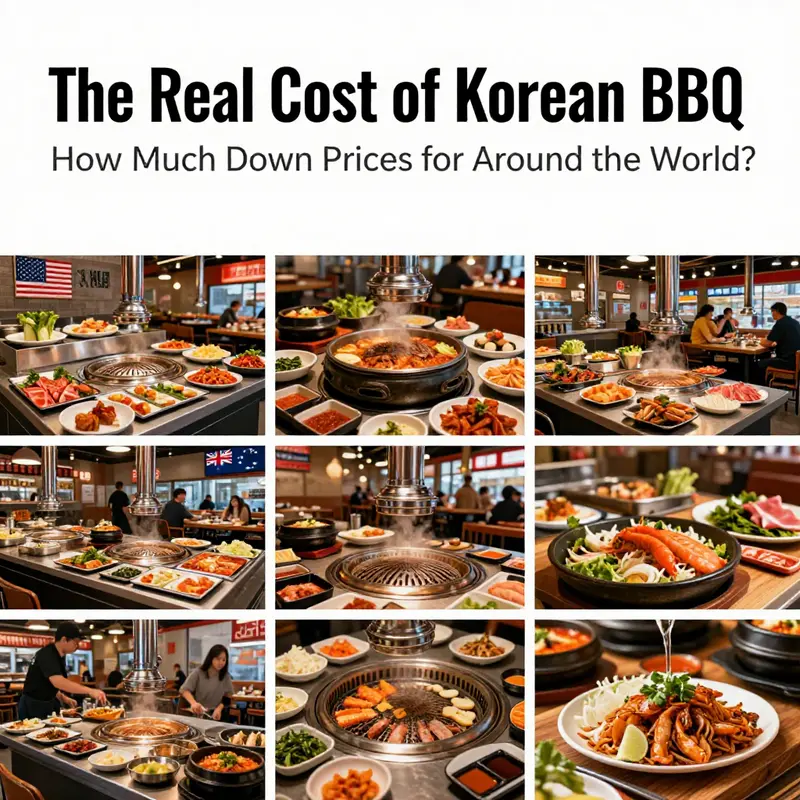 A lively Korean BBQ restaurant scene in South Korea, emphasizing the dining experience and local pricing.